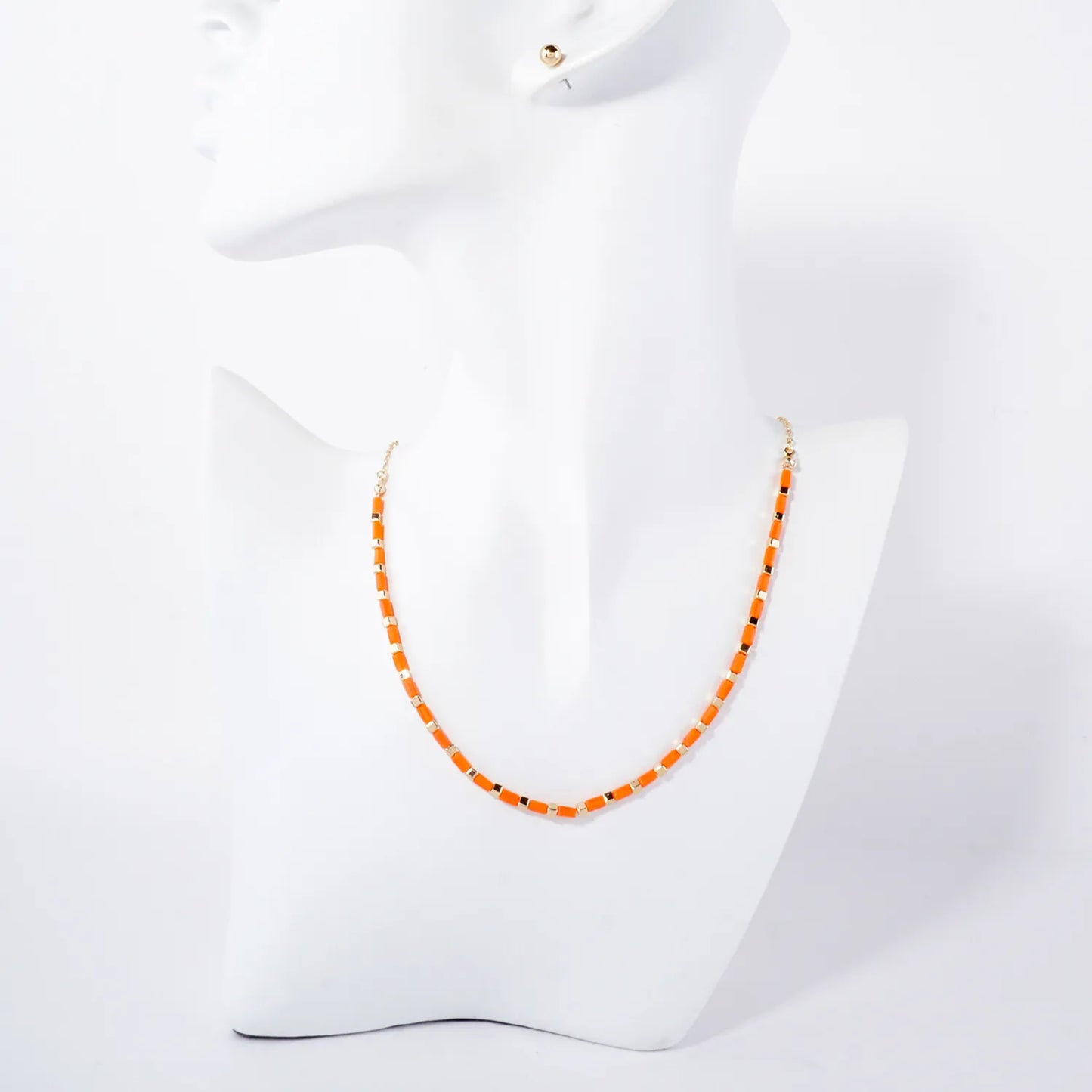 Rectangle Colored Resin Metallic Beaded Chain 16-Inch Necklace Set
