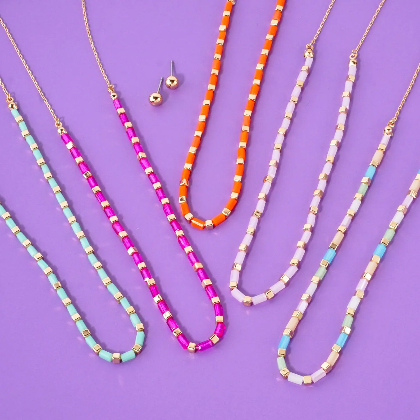 Rectangle Colored Resin Metallic Beaded Chain 16-Inch Necklace Set