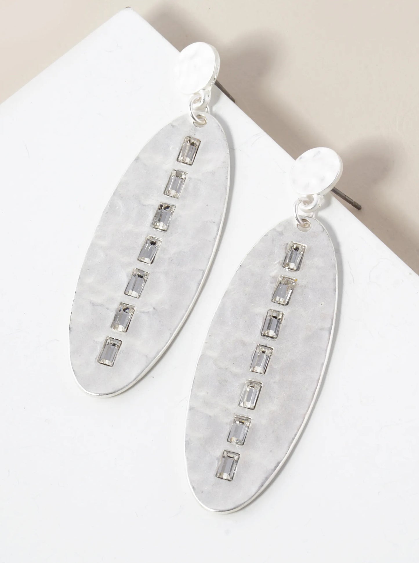 Rectangle Crystal Studded Hammered Metal Oval Drop Post Earrings