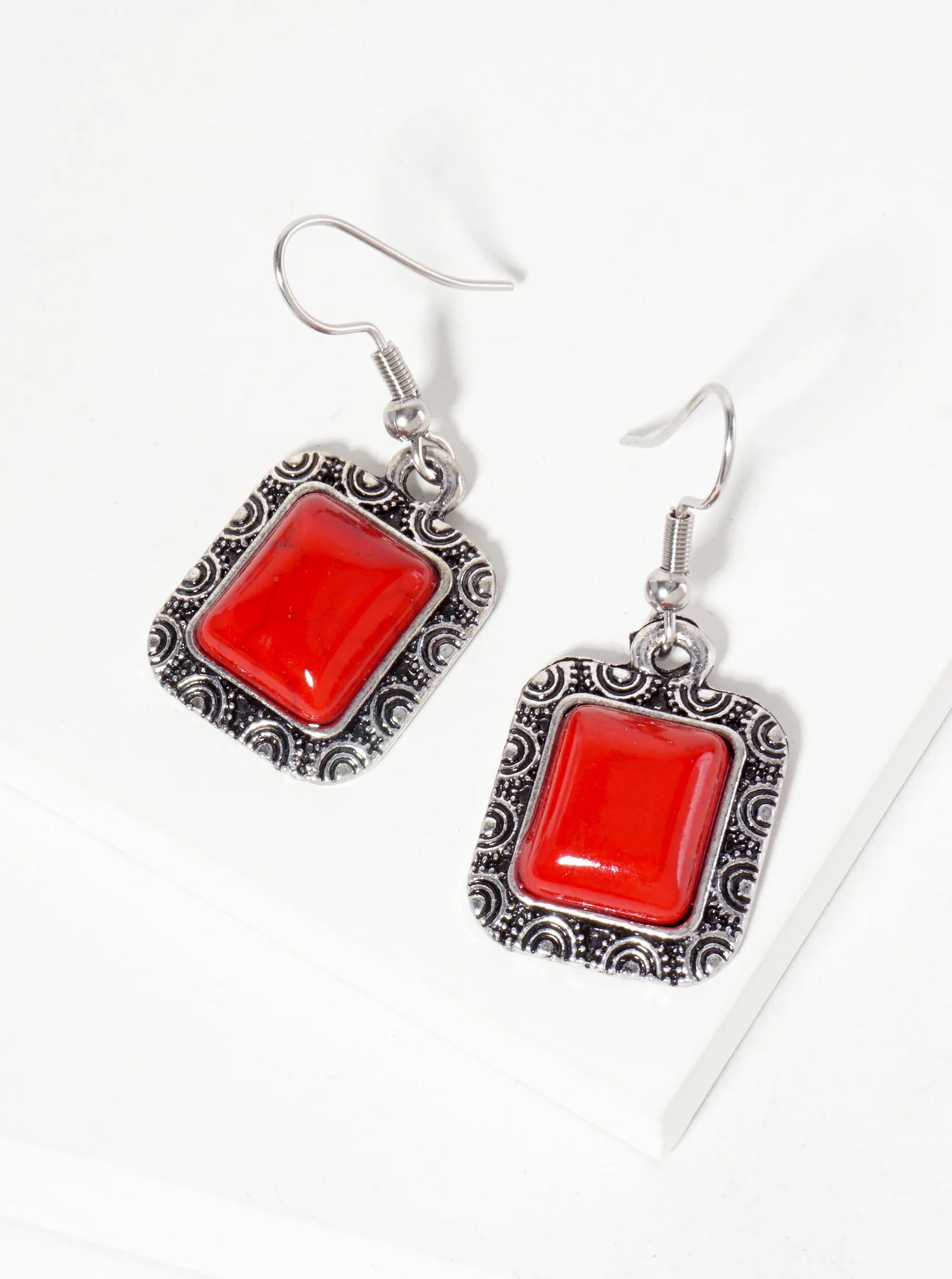 Rectangle-Shape Semi-Precious Natural-Stone Dangle Drop Bohemian Western Earrings