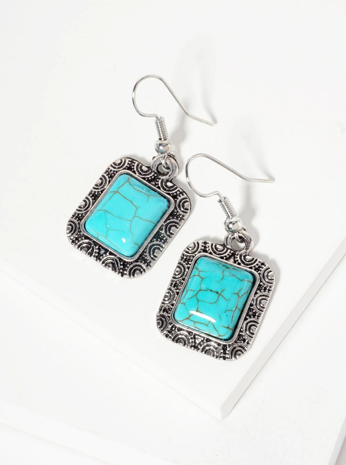 Rectangle-Shape Semi-Precious Natural-Stone Dangle Drop Bohemian Western Earrings