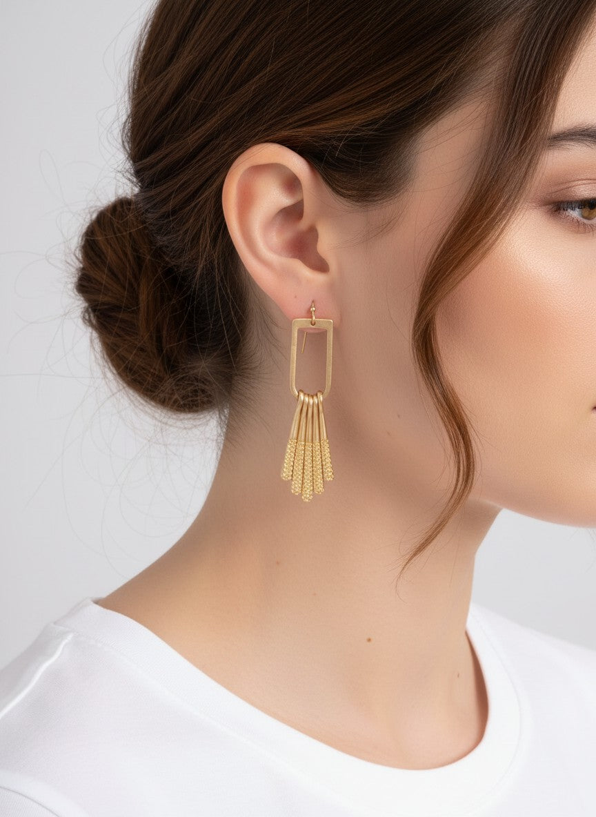 Rectangle Textured Bar Tassel Matte Hook Earrings
