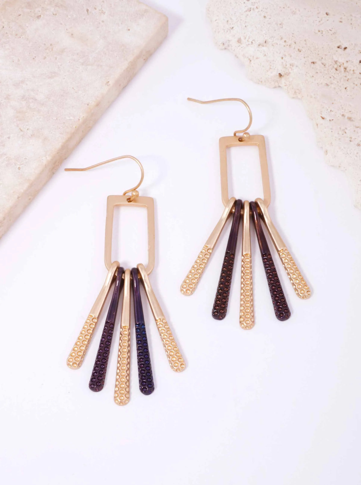 Rectangle Textured Bar Tassel Matte Hook Earrings Matte Gold Chocolate Gold