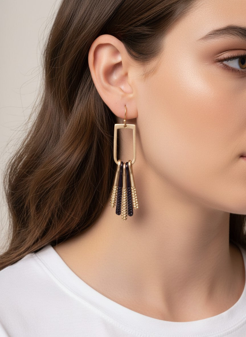 Rectangle Textured Bar Tassel Matte Hook Earrings Matte Gold Chocolate Gold