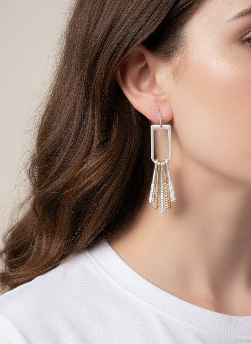 Rectangle Textured Bar Tassel Matte Hook Earrings Matte Silver-Matte Gold