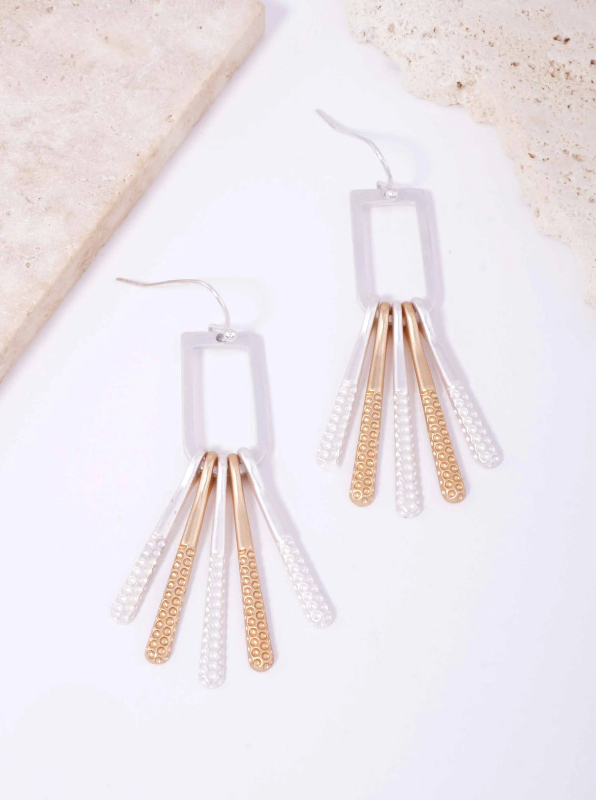 Rectangle Textured Bar Tassel Matte Hook Earrings Matte Silver-Matte Gold