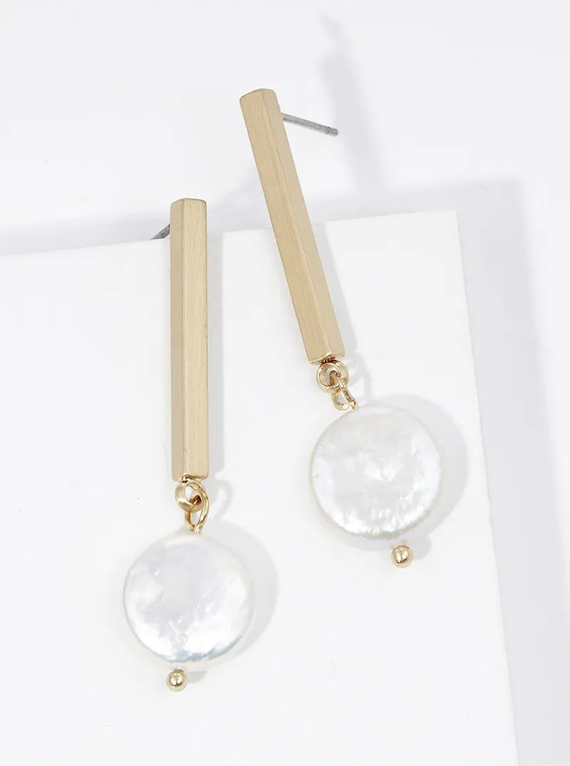 Rectangle Metal Bar Mother Of Pearl Drop Dangle Post Earrings