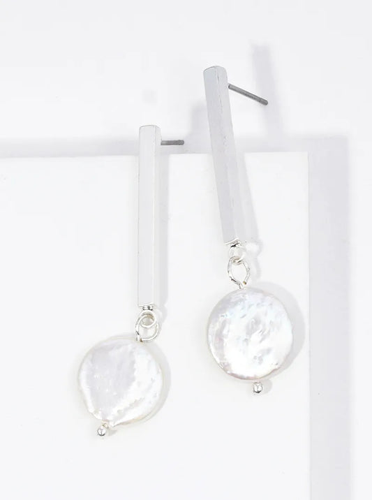 Rectangle Metal Bar Mother Of Pearl Drop Dangle Post Earrings