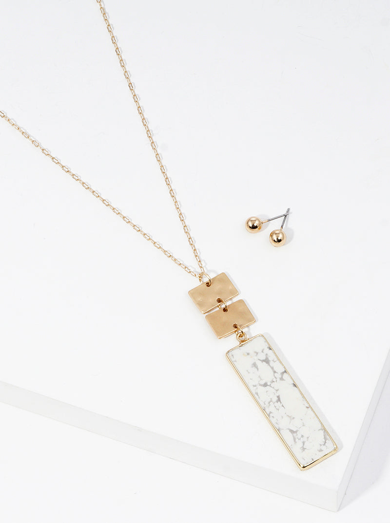 Rectangle Semi-precious Natural Stone Pendant Long Necklace Set With Earrings
