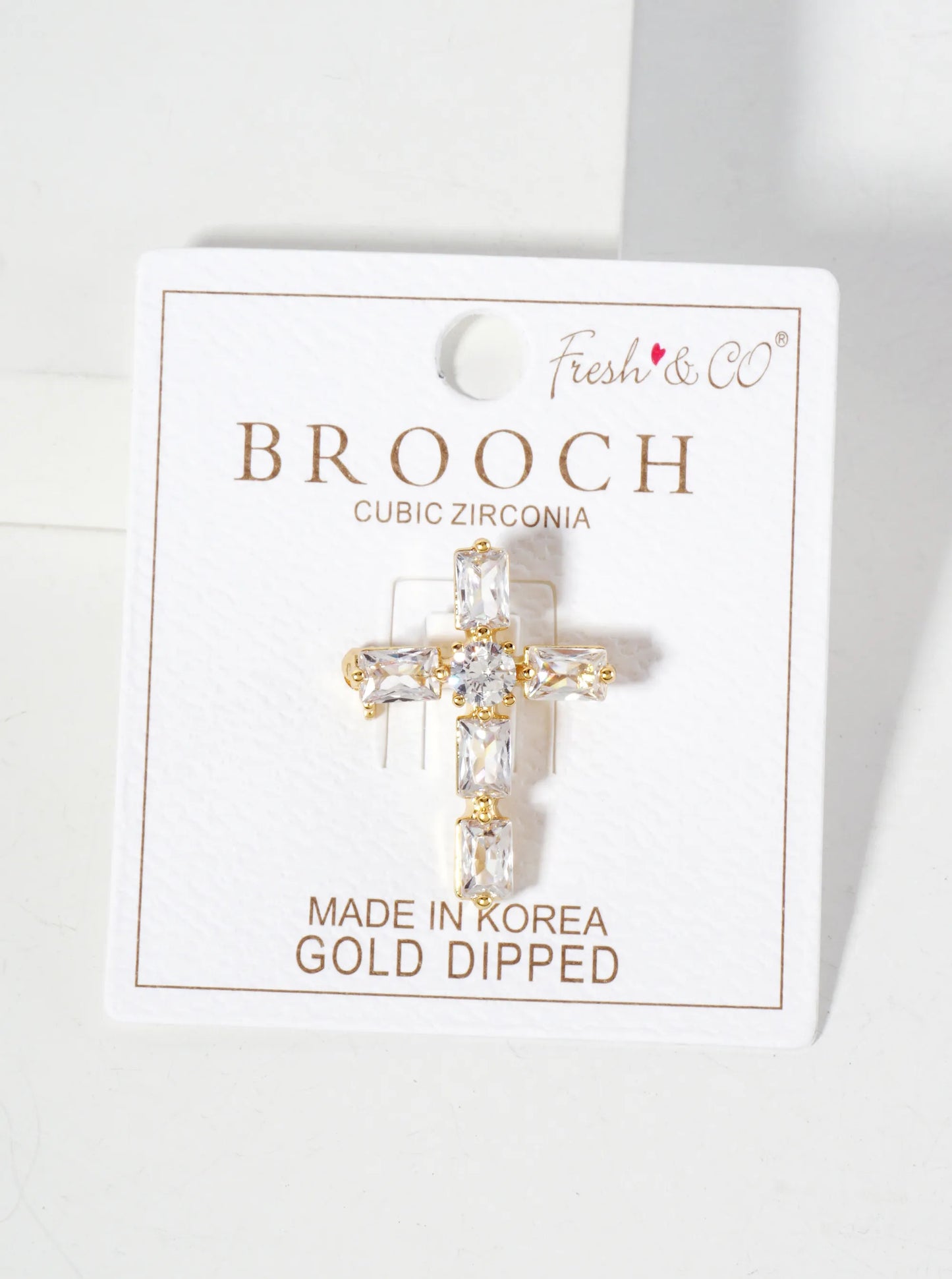 Rectangular Cubic-Zirconia Cross 18K-Gold-Dipped Brass Brooch