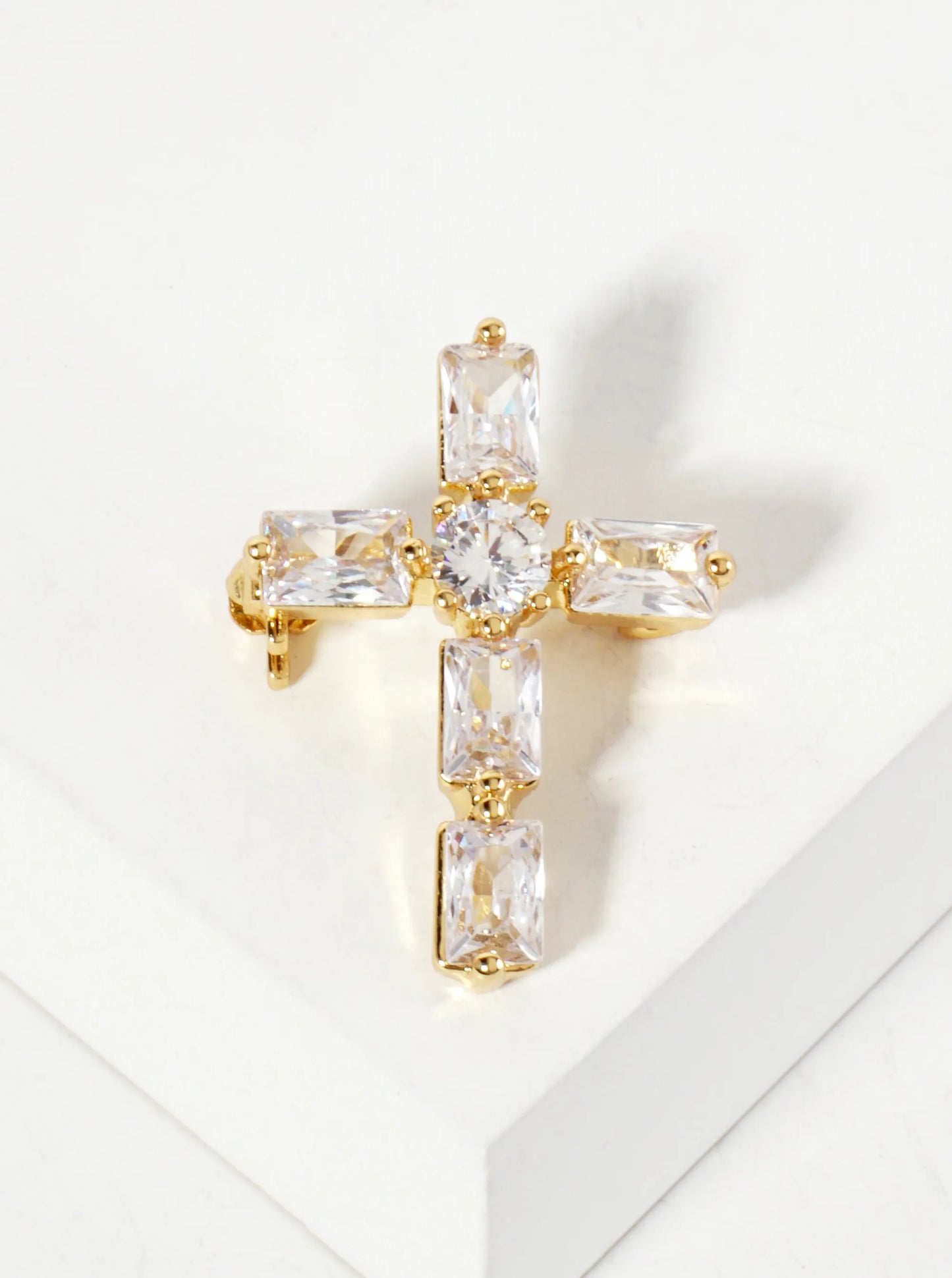 Rectangular Cubic-Zirconia Cross 18K-Gold-Dipped Brass Brooch