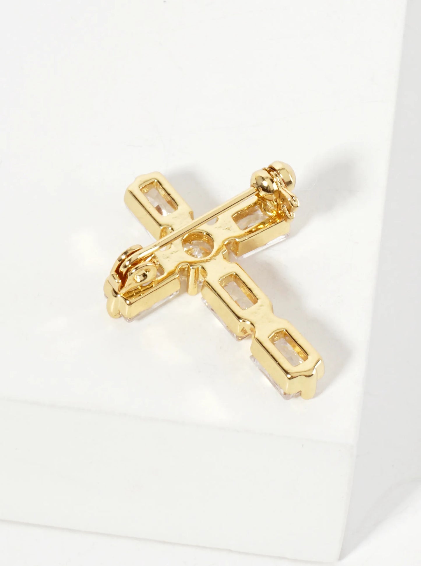 Rectangular Cubic-Zirconia Cross 18K-Gold-Dipped Brass Brooch