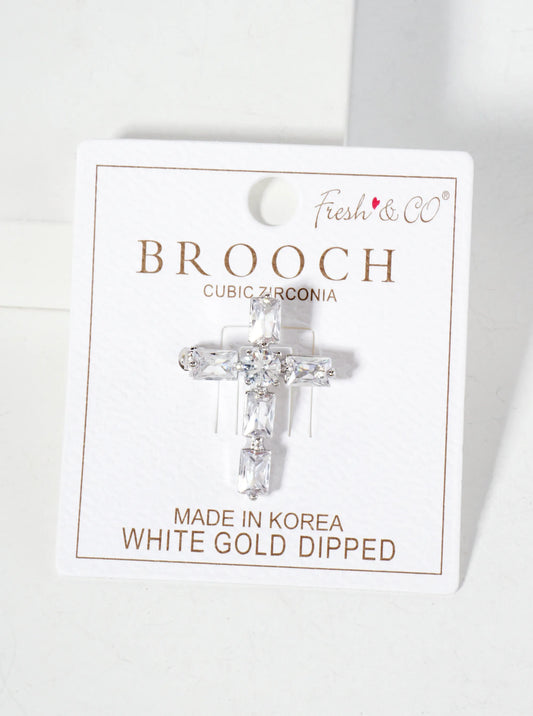 Rectangular Cubic-Zirconia Cross 18K-Gold-Dipped Brass Brooch