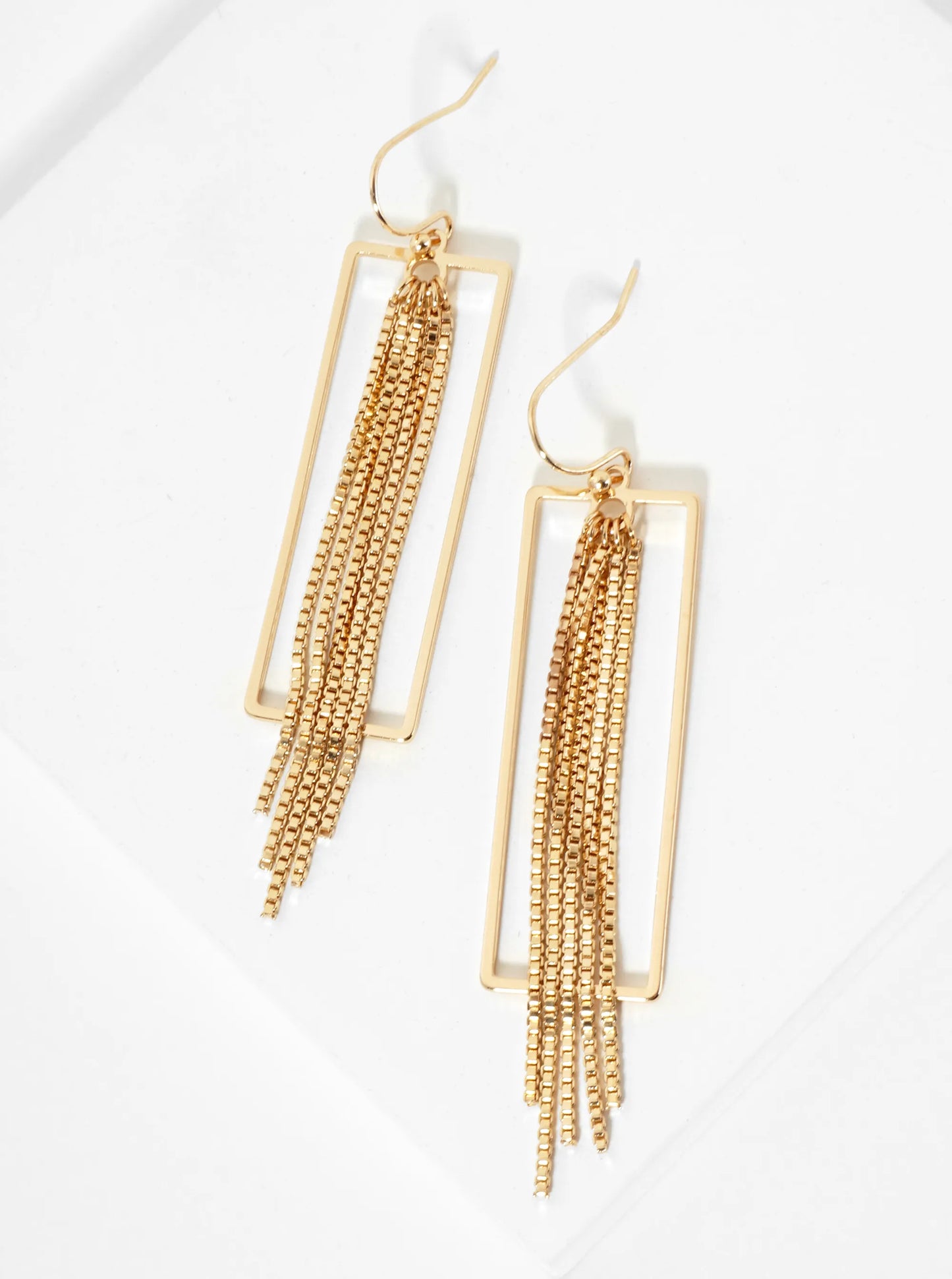 Rectangular Drop Earrings With 1mm Box Chains Hanging Down