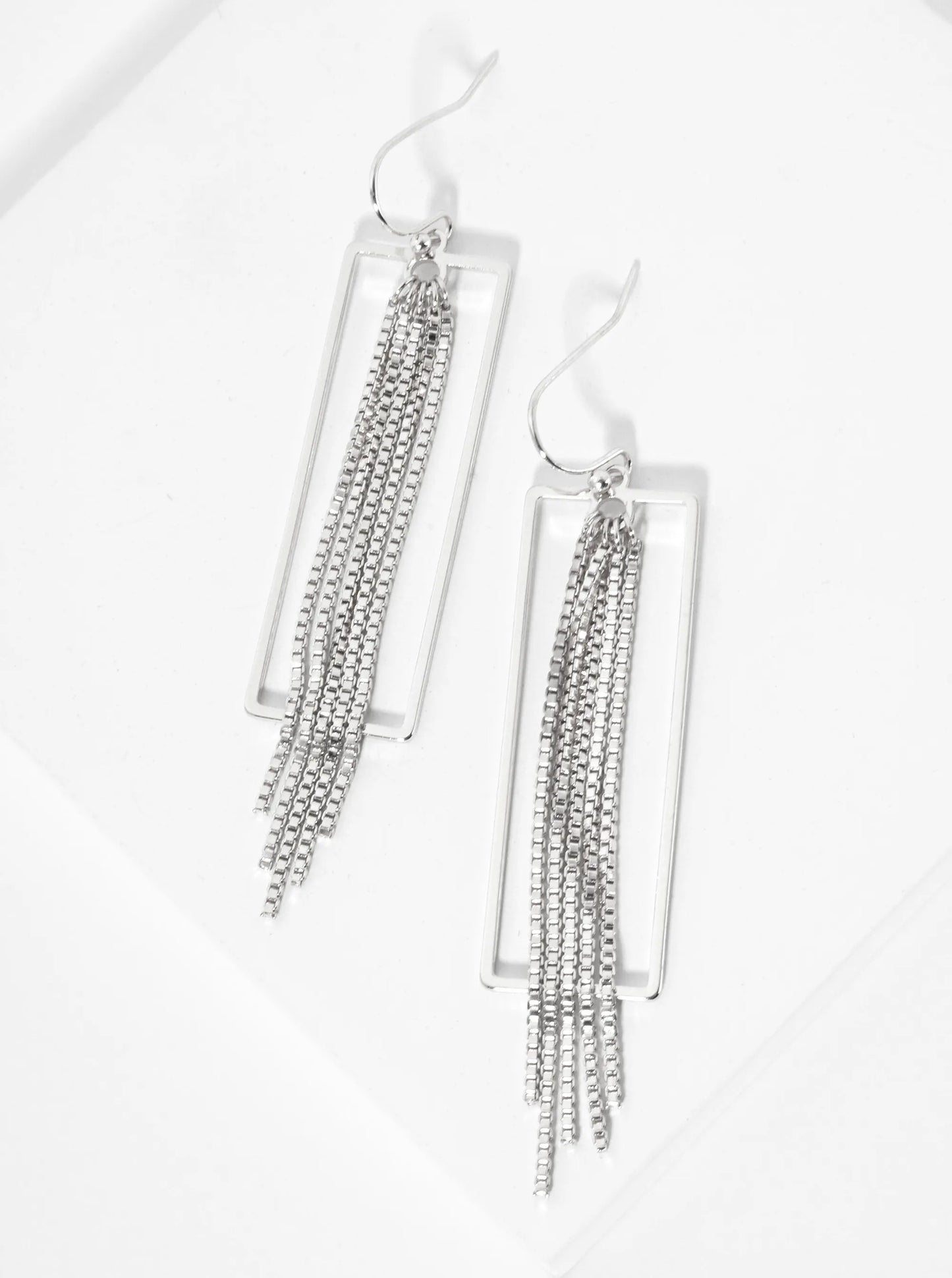 Rectangular Drop Earrings With 1mm Box Chains Hanging Down