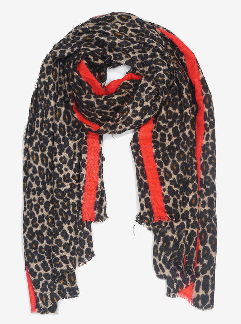 Red Color Accent Leopard Print Oblong Scarf