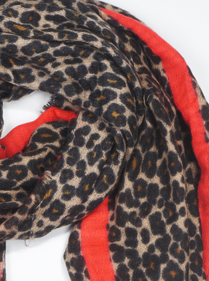 Red Color Accent Leopard Print Oblong Scarf