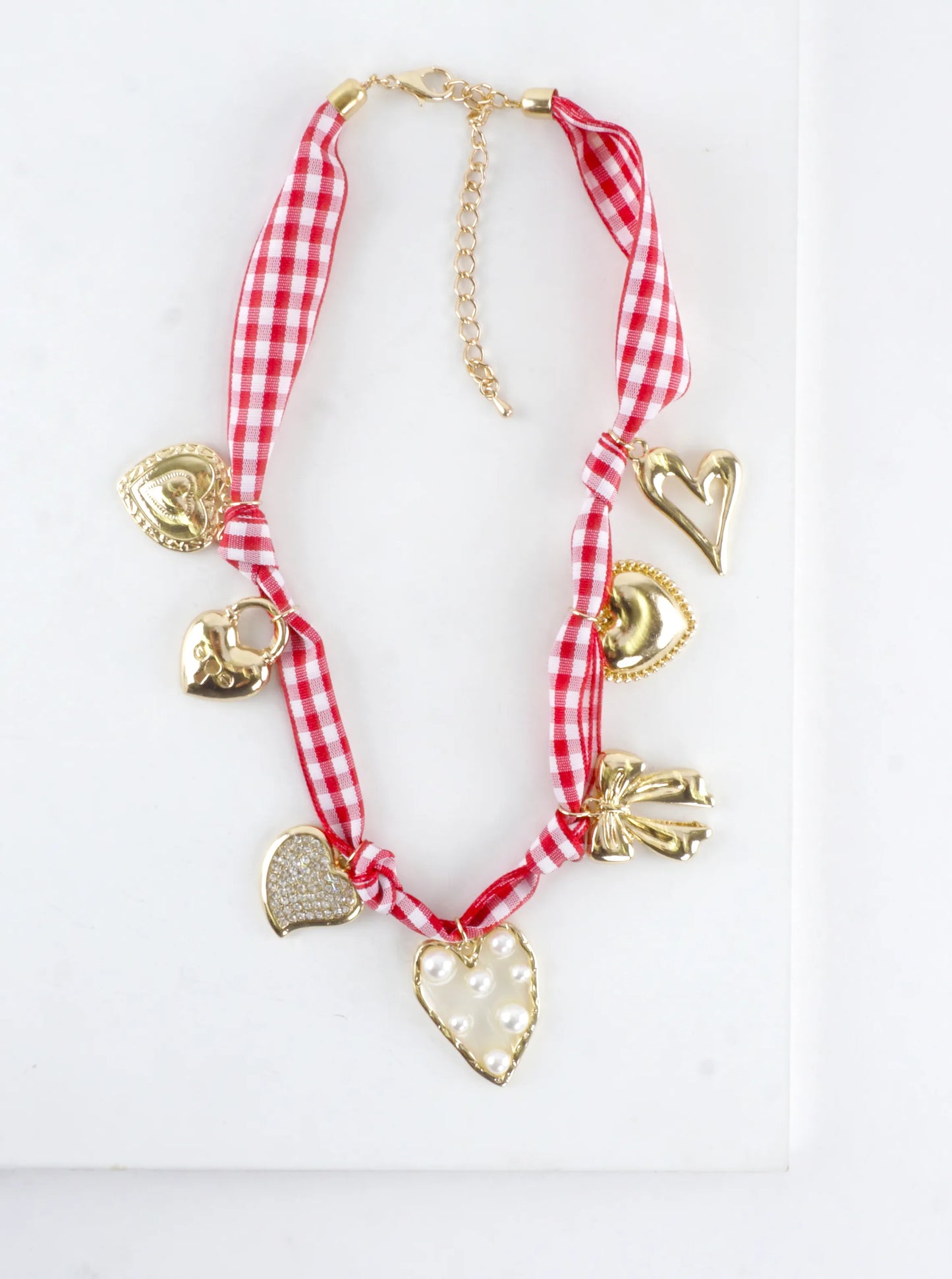 Red White Gingham Fabric Multi Charm Necklace
