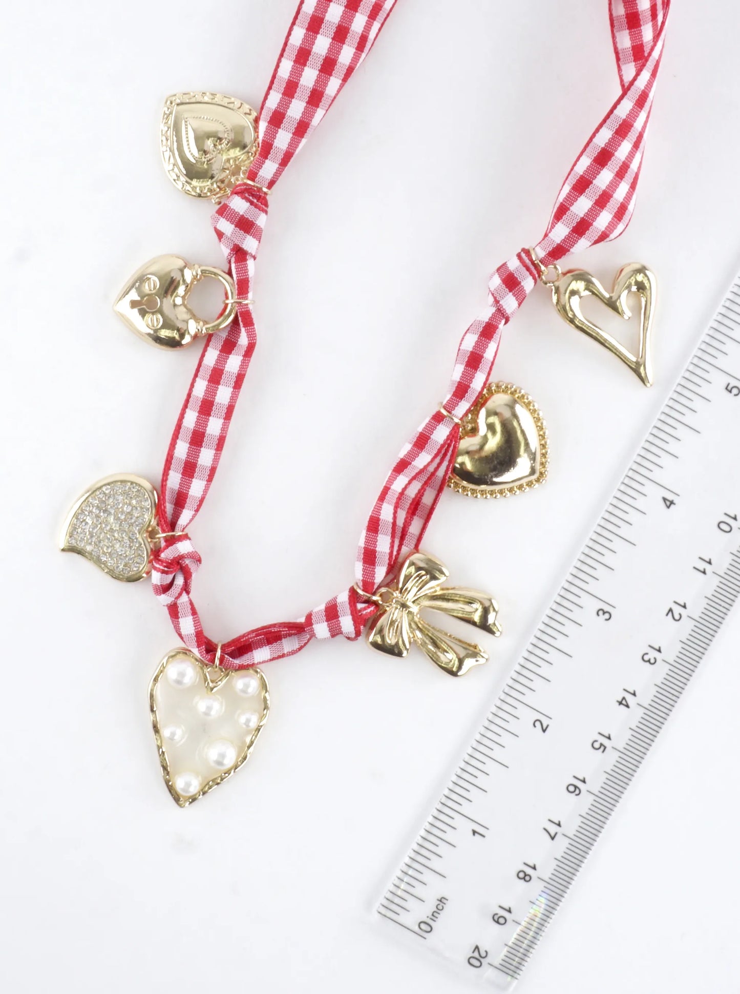 Red White Gingham Fabric Multi Charm Necklace