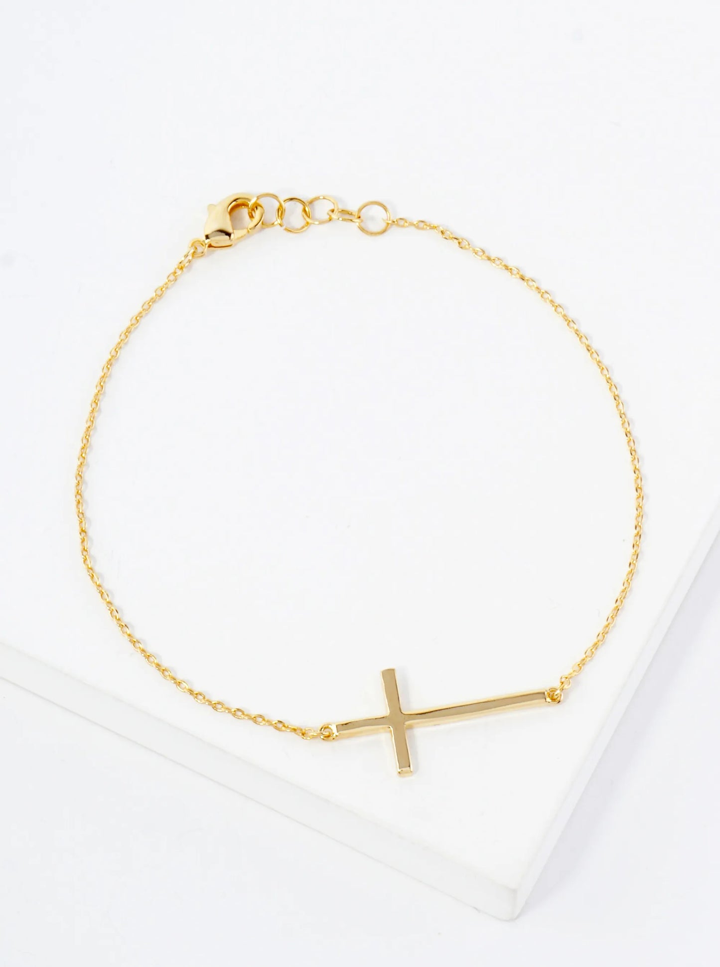 Religious-Theme 1-inch Polished Brass Sideways Cross Accents 18K-Gold-Dipped Chain Bracelet