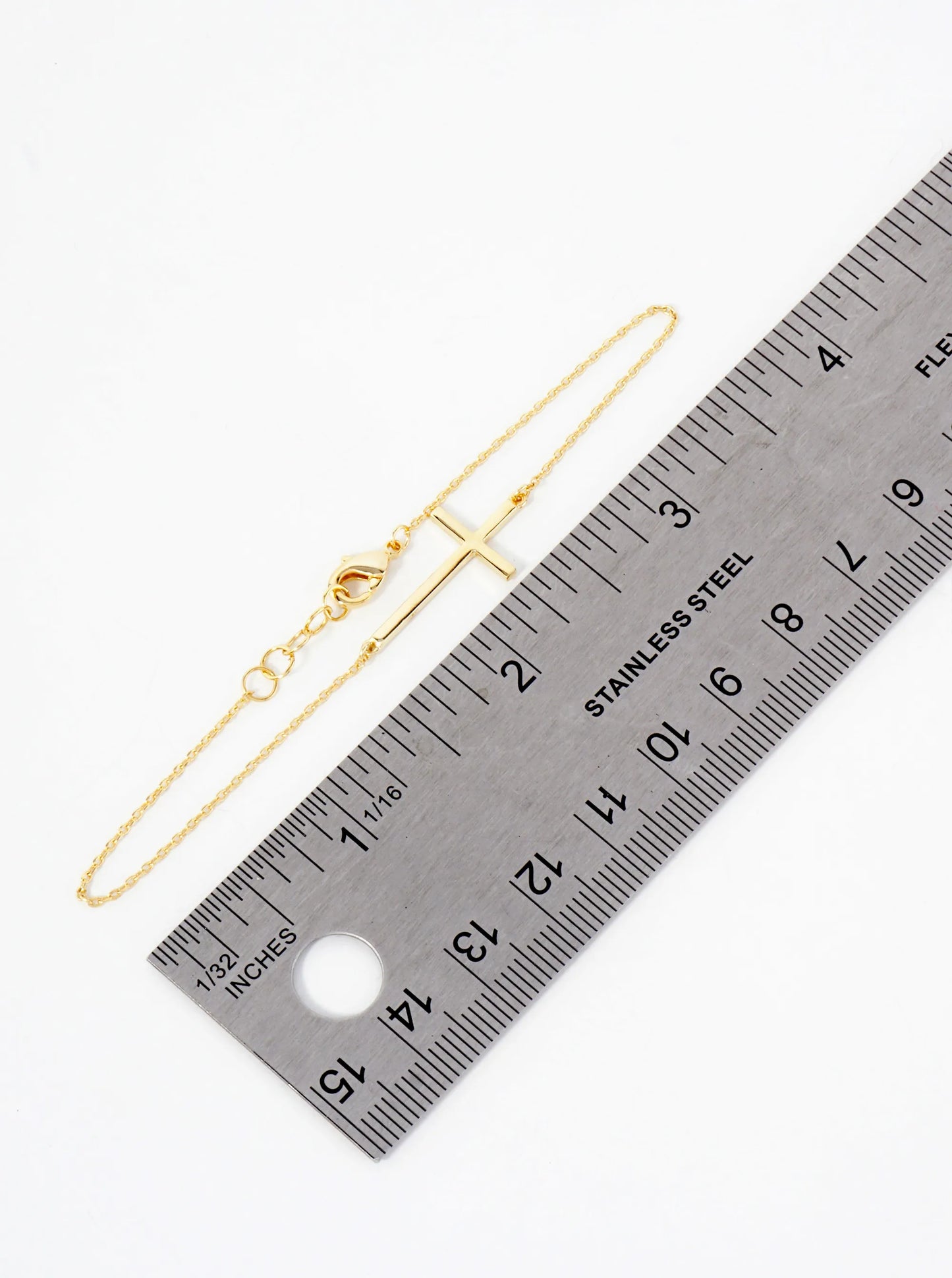 Religious-Theme 1-inch Polished Brass Sideways Cross Accents 18K-Gold-Dipped Chain Bracelet