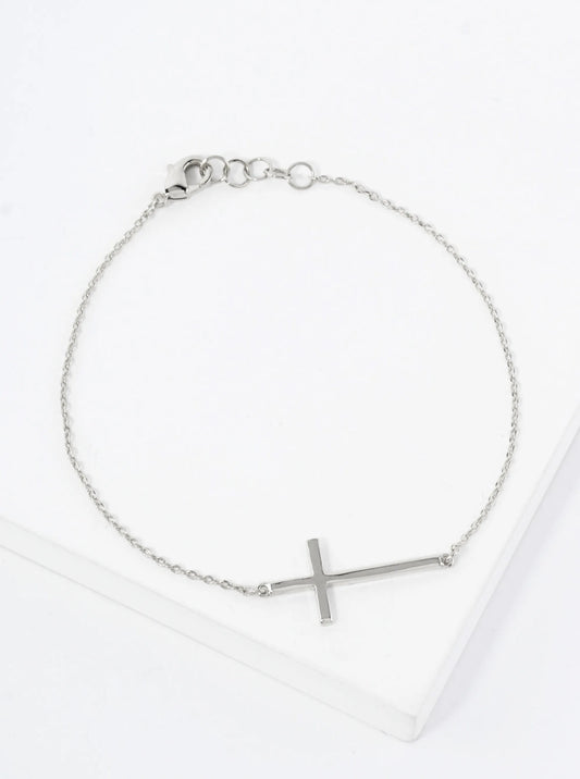 Religious-Theme 1-inch Polished Brass Sideways Cross Accents 18K-Gold-Dipped Chain Bracelet