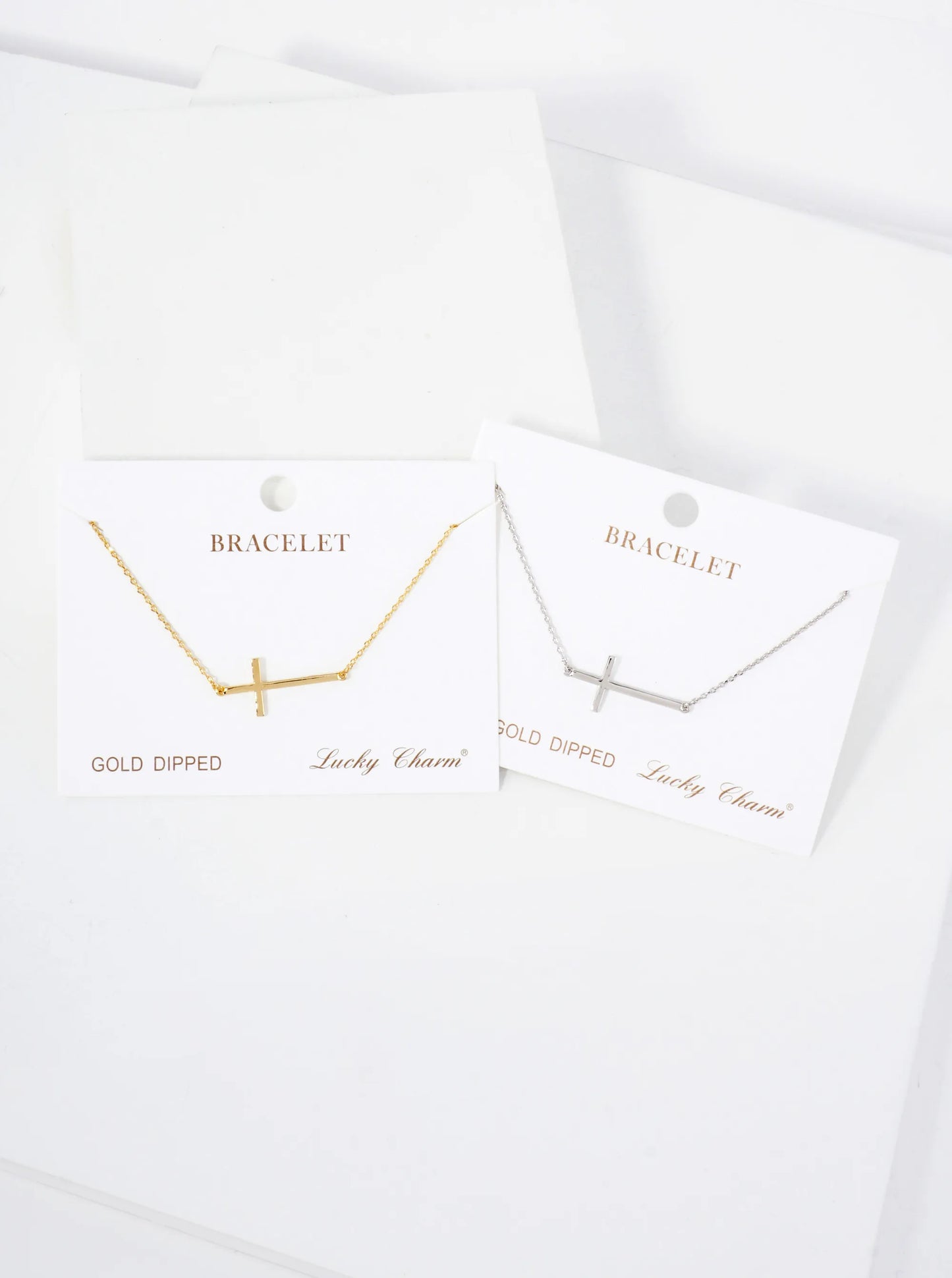 Religious-Theme 1-inch Polished Brass Sideways Cross Accents 18K-Gold-Dipped Chain Bracelet