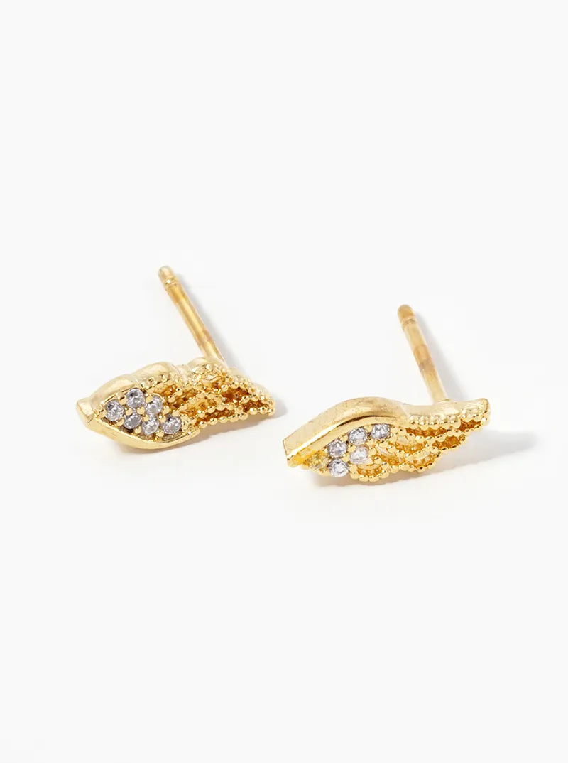 Religious-Theme 18K-Gold-Dipped CZ-Pave Angel Wings Stud Earrings