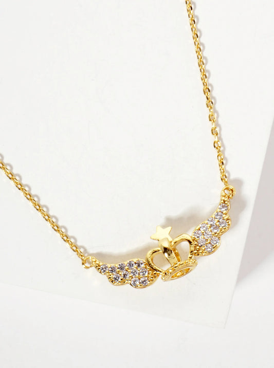 Religious-Theme 18K-Gold-Dipped Papal-Tiara With Angel-Wings Crown Pendant Necklace