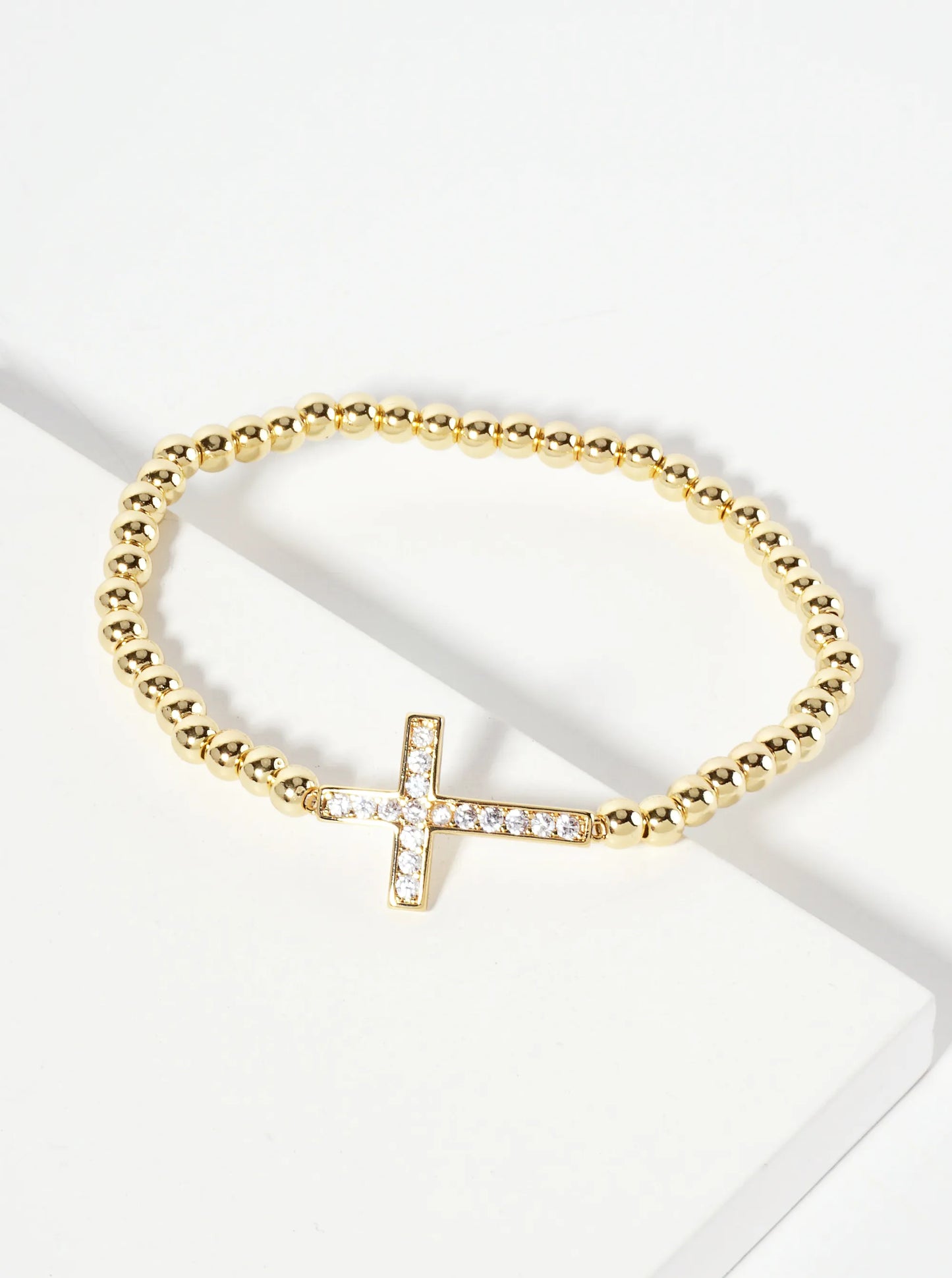 Religious-Theme 18K-Gold-Dipped Pave-Set Cubic-Zirconia Sideways Cross Ball-Beaded Stretch Bracelet