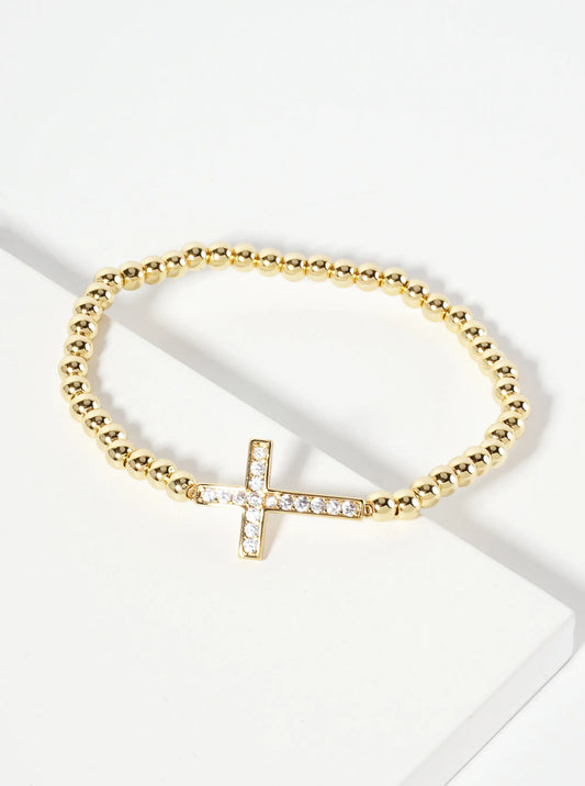 Religious-Theme 18K-Gold-Dipped Pave-Set Cubic-Zirconia Sideways Cross Ball-Beaded Stretch Bracelet