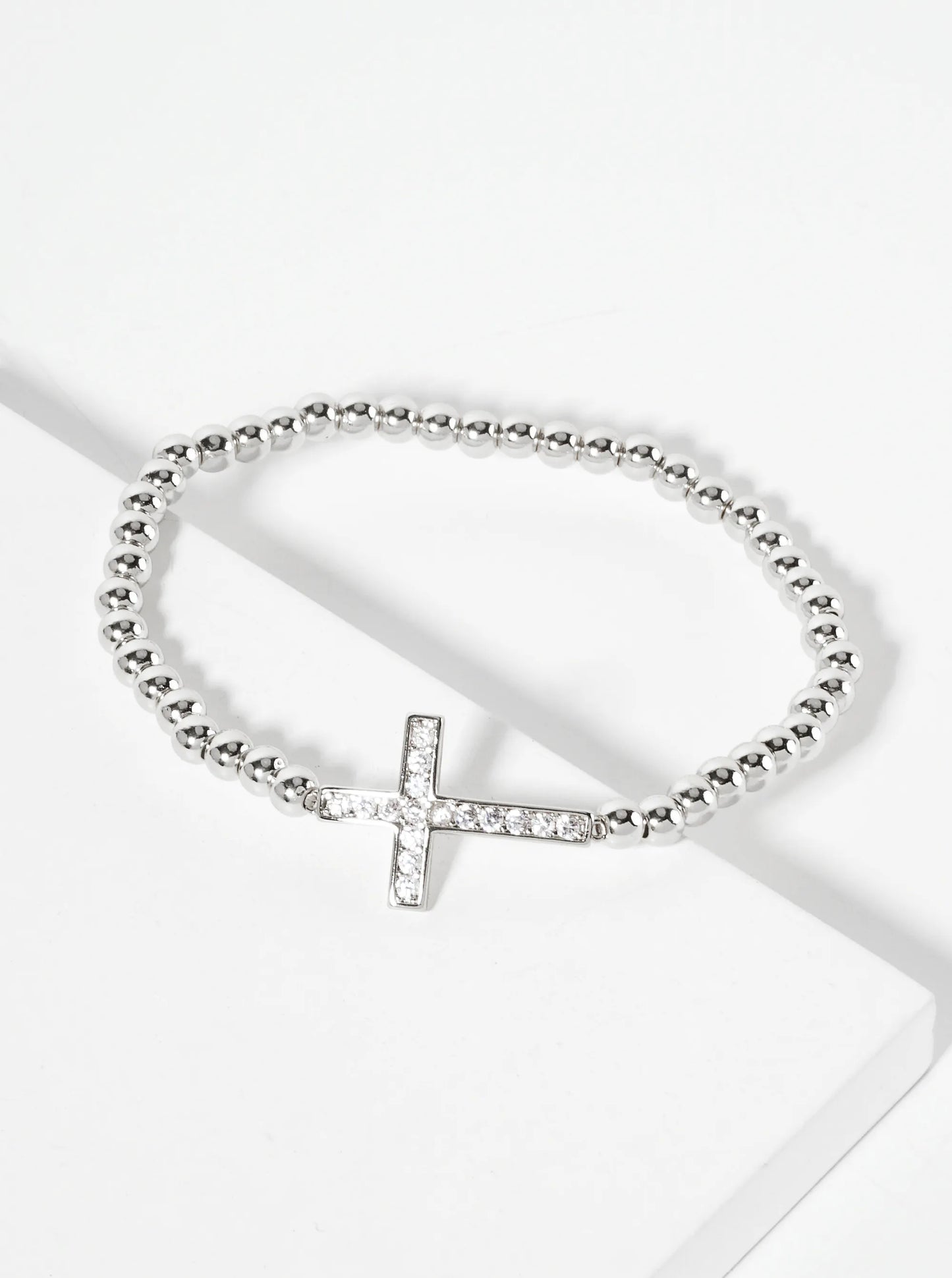 Religious-Theme 18K-Gold-Dipped Pave-Set Cubic-Zirconia Sideways Cross Ball-Beaded Stretch Bracelet