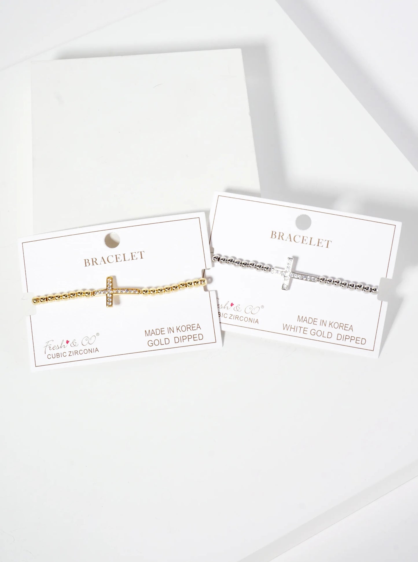 Religious-Theme 18K-Gold-Dipped Pave-Set Cubic-Zirconia Sideways Cross Ball-Beaded Stretch Bracelet