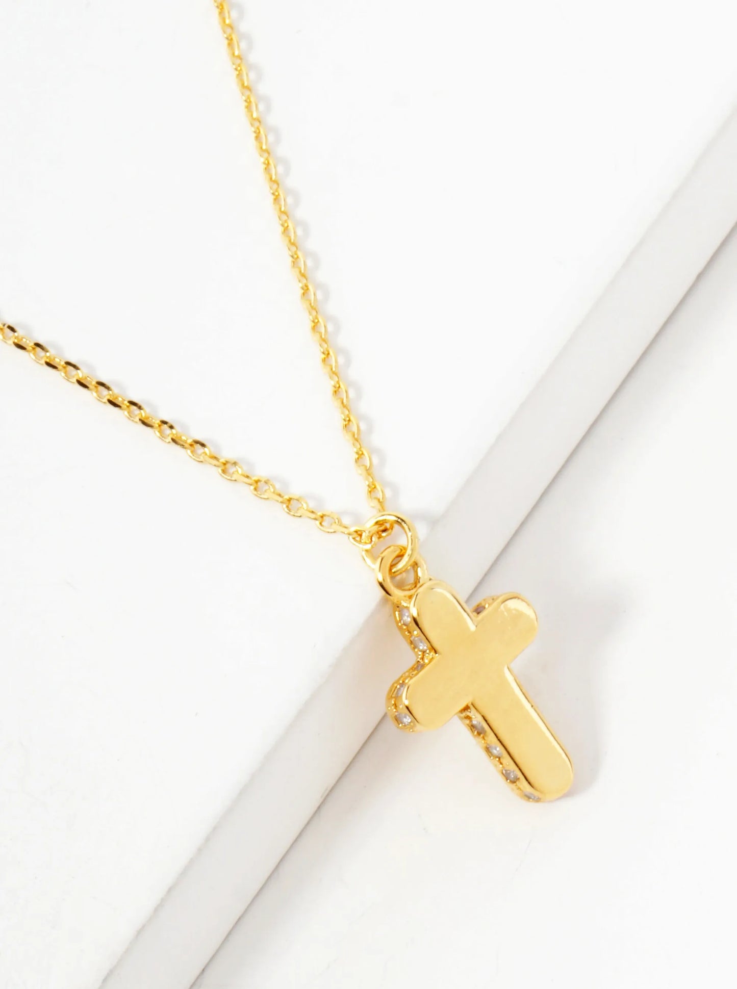 Religious-Theme Cross CZ-Stones Set-on-the-Sides Pendant Hypoallergenic 18K-Gold-Dipped Necklace