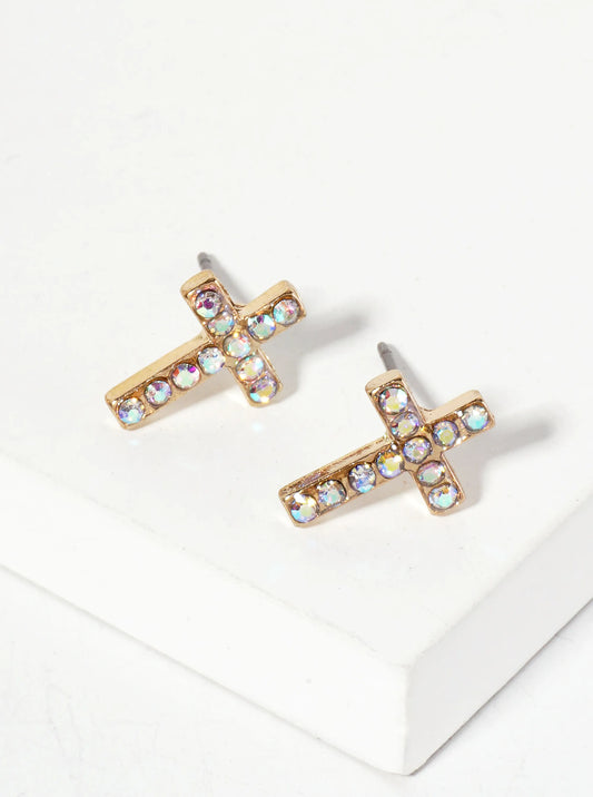 Religious-Theme Crystal-Pave 12mm Cross Stud Earrings