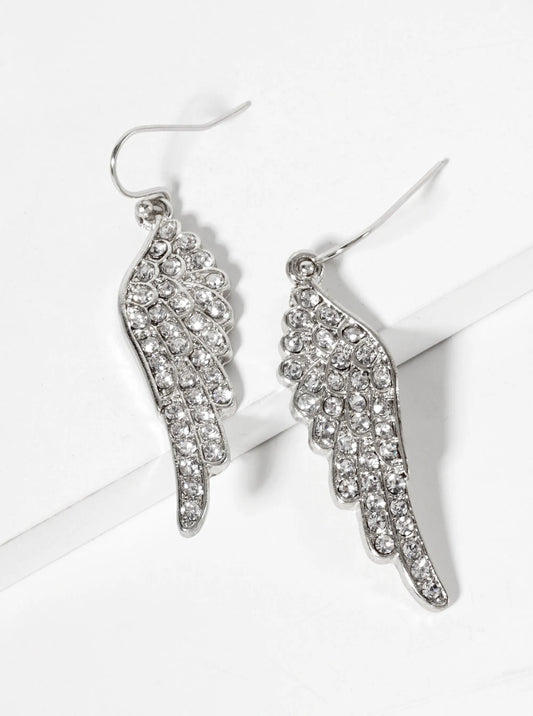 Religious-Theme Crystal-Pave Symmetrical Angel-Wings Drop Earrings