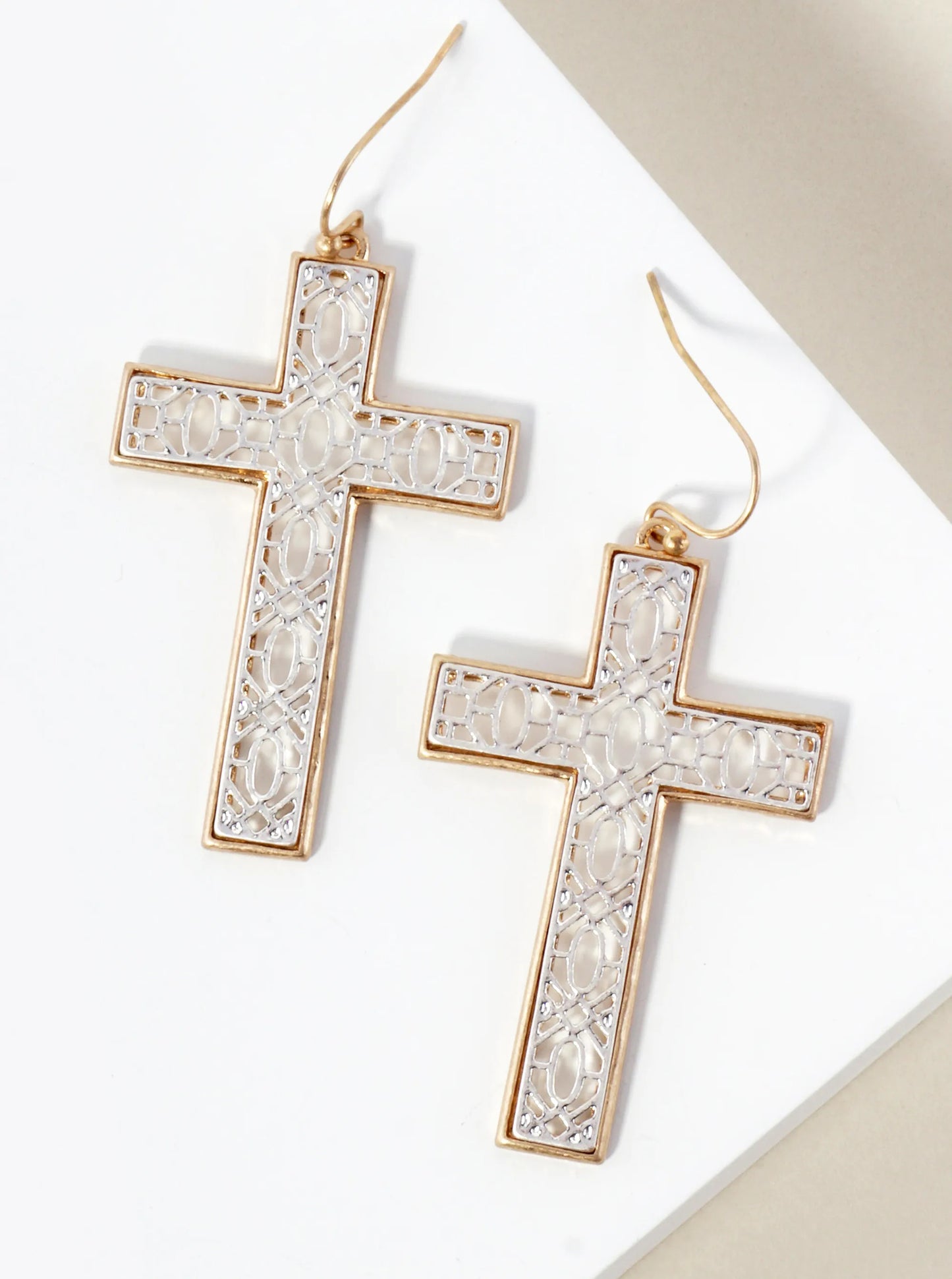 Religious-Theme Dual-Tone Filigree Cross Drop Metal Earrings