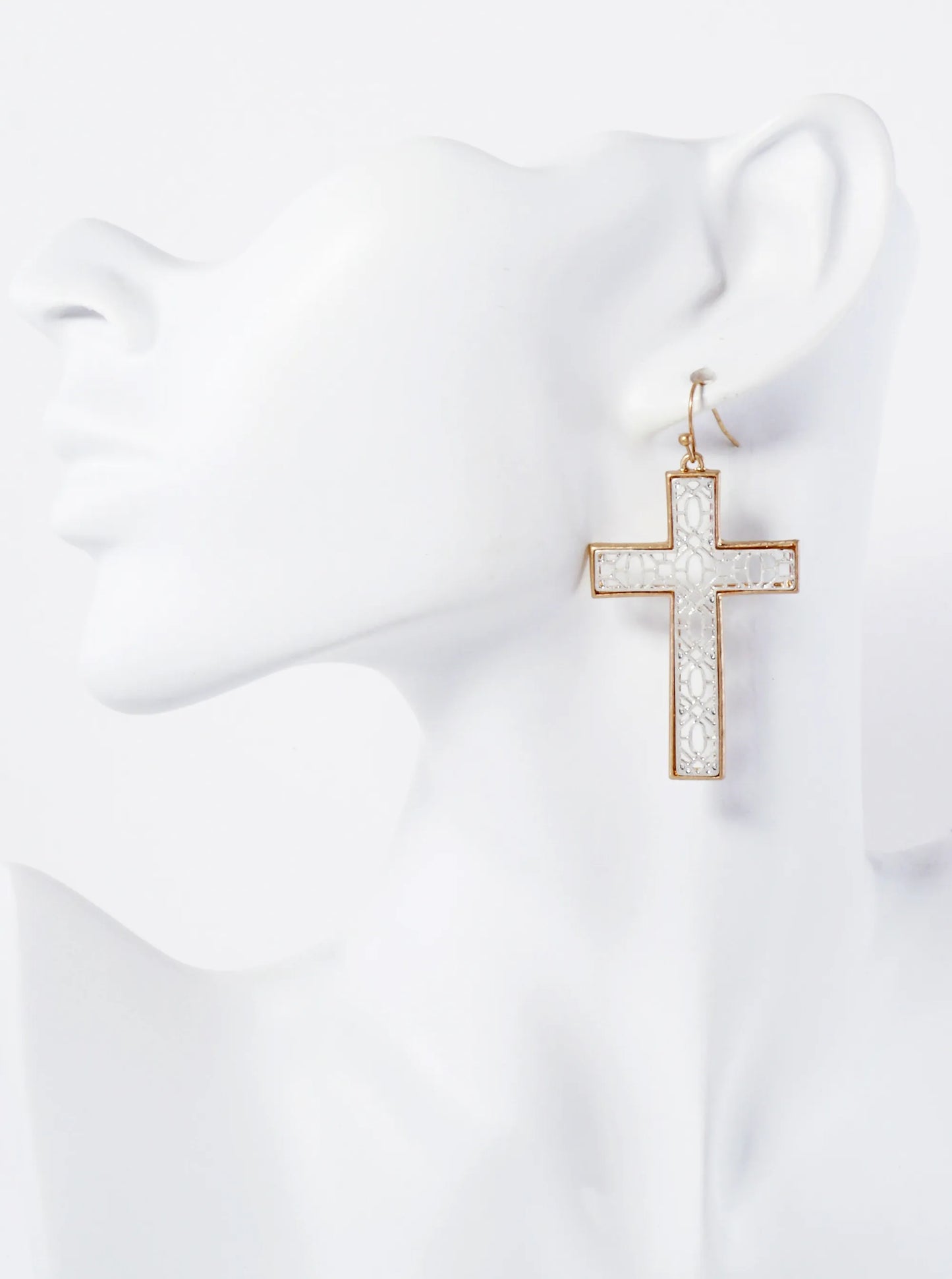 Religious-Theme Dual-Tone Filigree Cross Drop Metal Earrings