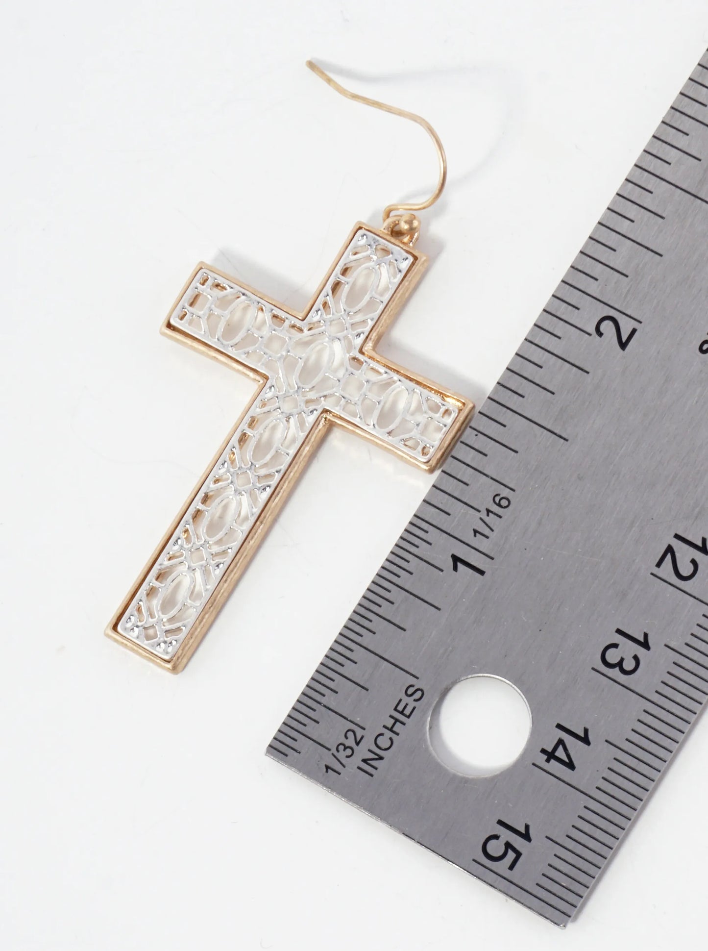 Religious-Theme Dual-Tone Filigree Cross Drop Metal Earrings