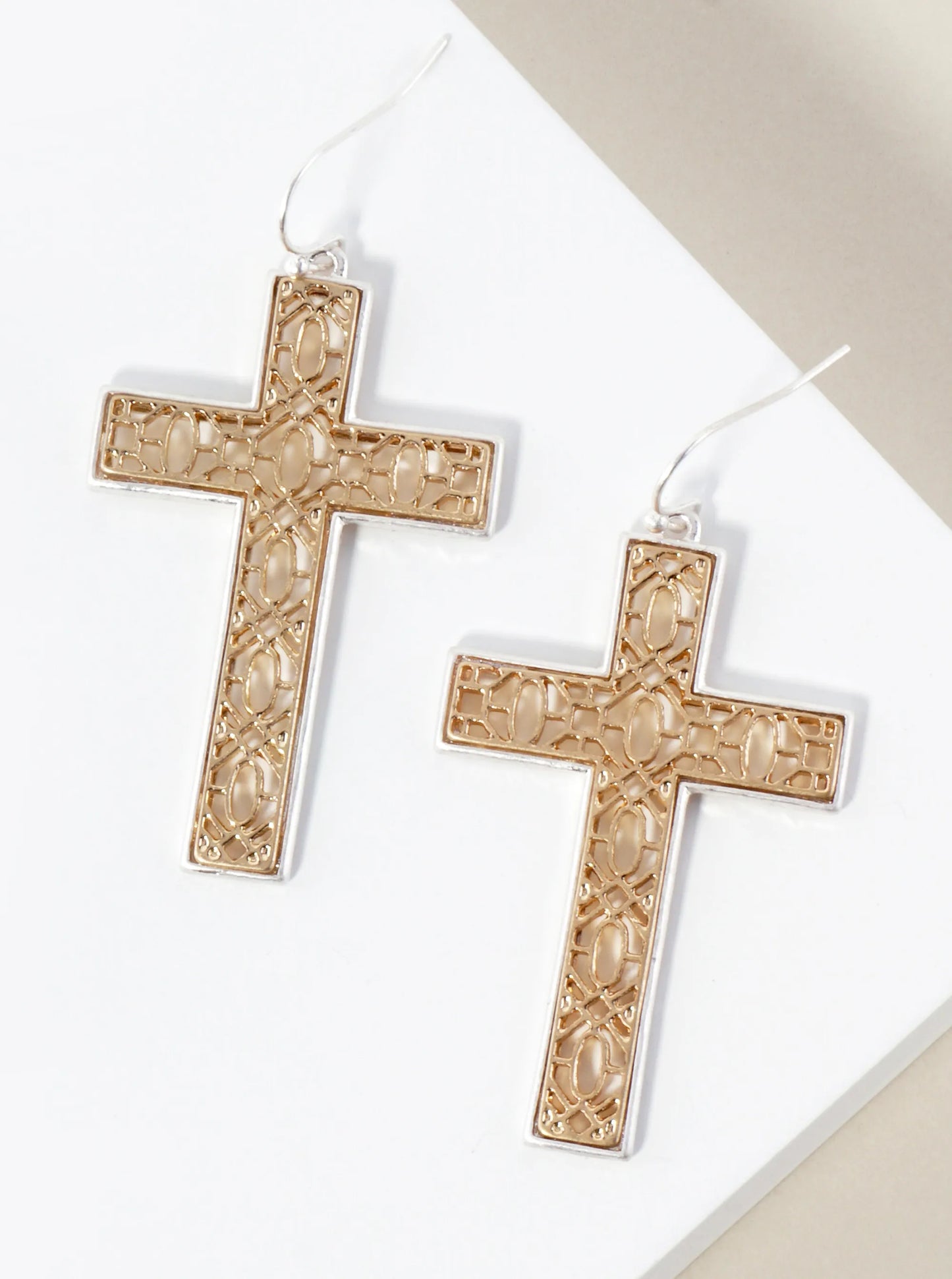 Religious-Theme Dual-Tone Filigree Cross Drop Metal Earrings