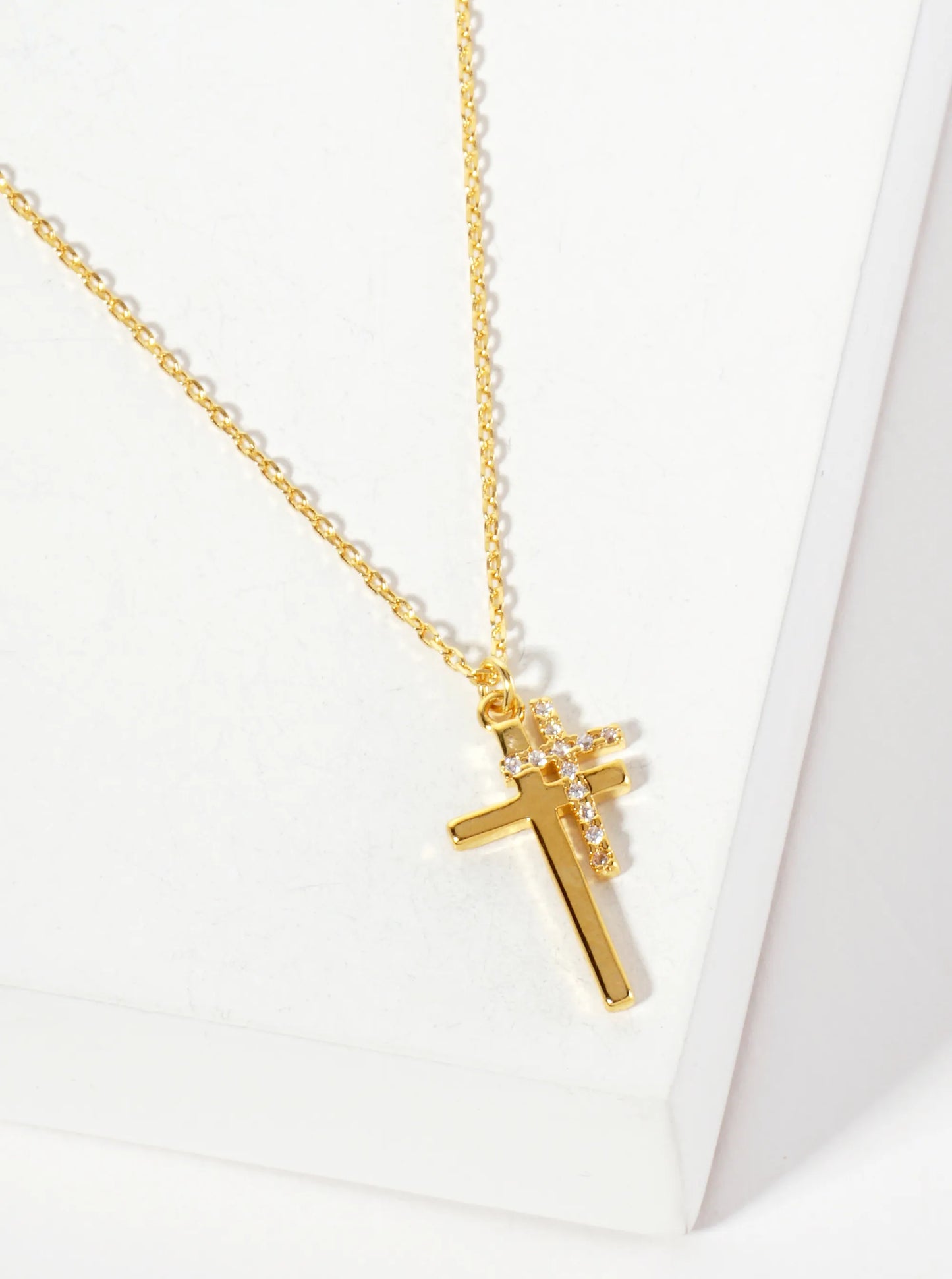 Religious-Theme Pave-Set Cubic-Zirconia Double Cross Pendant 18K-Gold-Dipped Necklace