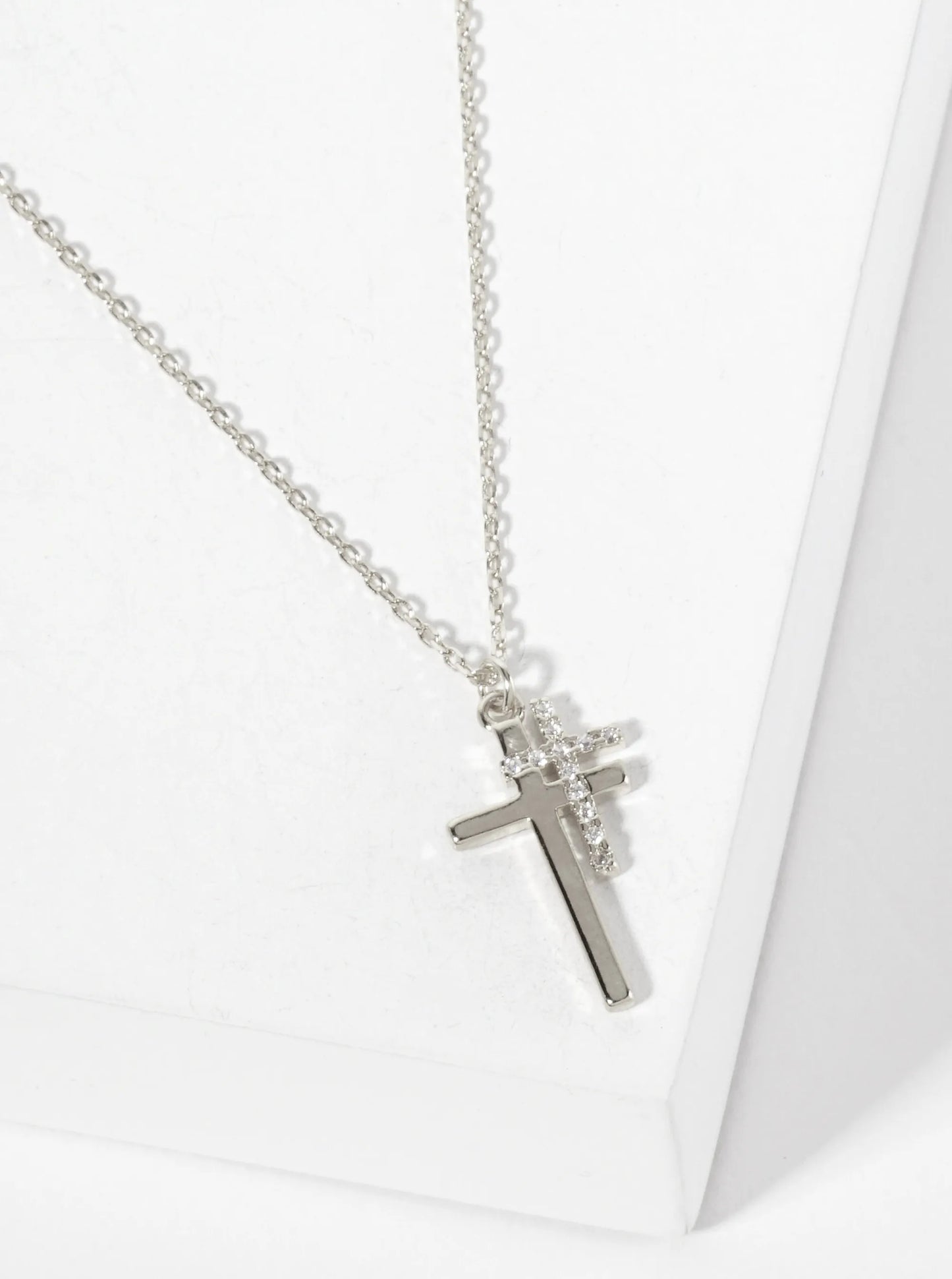Religious-Theme Pave-Set Cubic-Zirconia Double Cross Pendant 18K-Gold-Dipped Necklace
