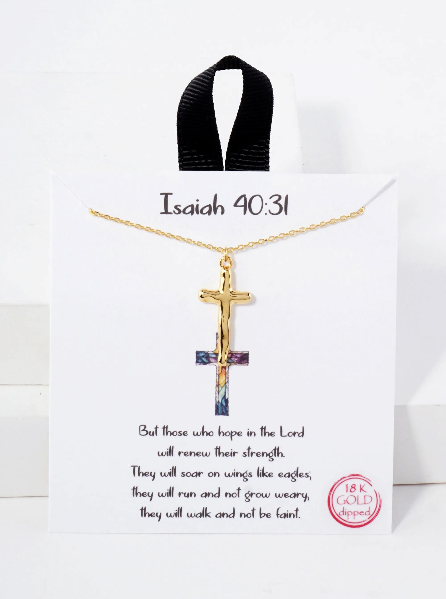 Religious-Theme Polished Brass Isaiah 40 31 Hammered-Texture Cross Pendant Hypoallergenic 18K-Gold-Dipped Necklace