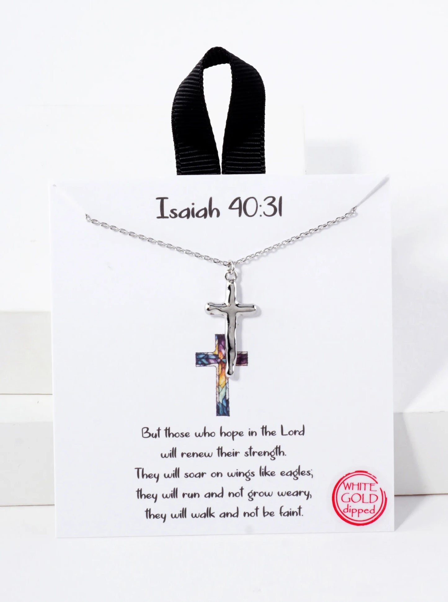 Religious-Theme Polished Brass Isaiah 40 31 Hammered-Texture Cross Pendant Hypoallergenic 18K-Gold-Dipped Necklace