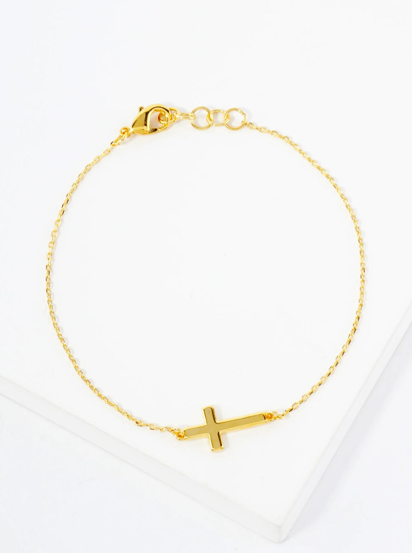 Religious-Theme Polished Brass Sideways Cross Accents 18K-Gold-Dipped Chain Bracelet