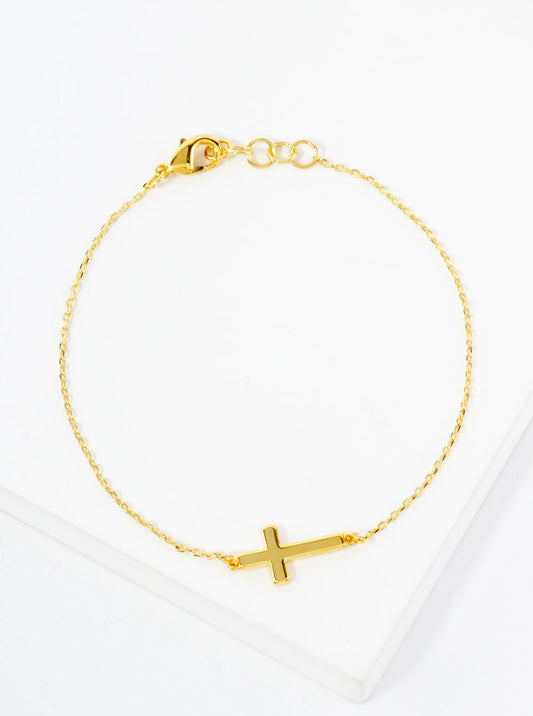 Religious-Theme Polished Brass Sideways Cross Accents 18K-Gold-Dipped Chain Bracelet