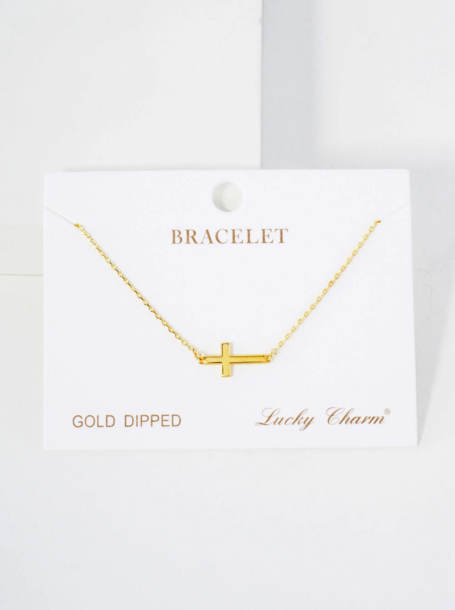 Religious-Theme Polished Brass Sideways Cross Accents 18K-Gold-Dipped Chain Bracelet