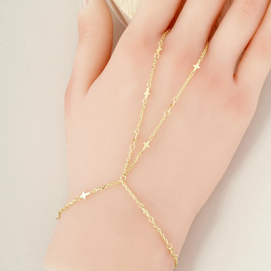 Religious-Theme Satellite Delicate Cross 18K-Gold-Dipped Brass Hand-Chain Bracelet