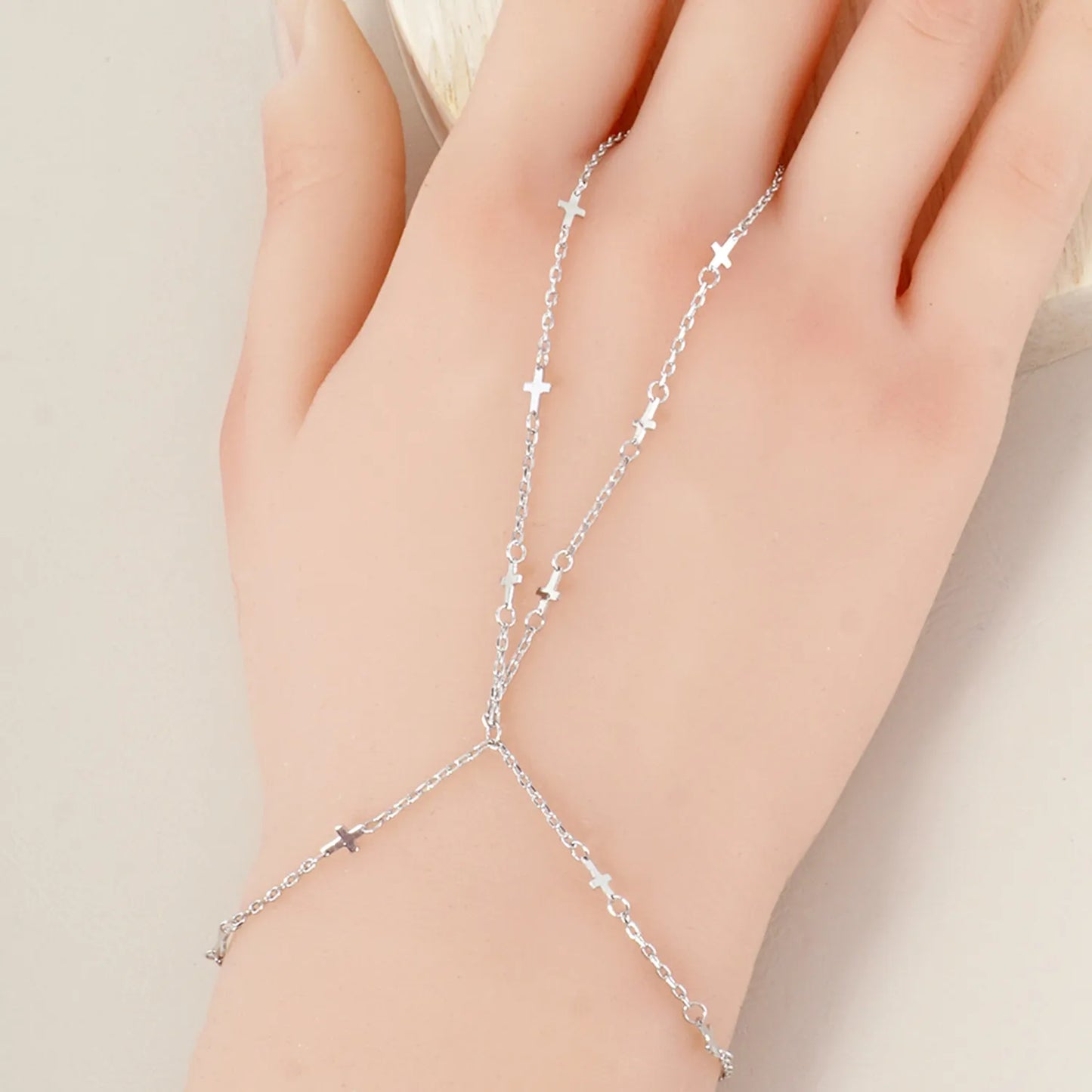 Religious-Theme Satellite Delicate Cross 18K-Gold-Dipped Brass Hand-Chain Bracelet