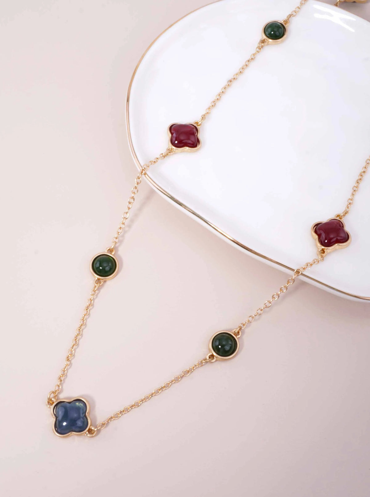 Resin Round Quatrefoil Station Long Necklace